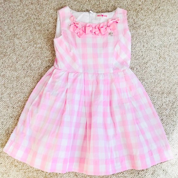 Mezzo Piano Japan Brand Girls Pink White Plaid Bow Flared Dress 130 6 7 8 - Picture 2 of 8